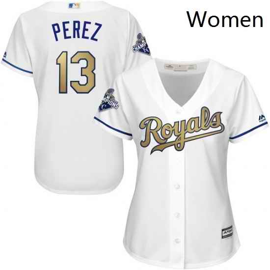 Womens Majestic Kansas City Royals 13 Salvador Perez Authentic White 2015 World Series Champions Gold Program Cool Base MLB Jersey